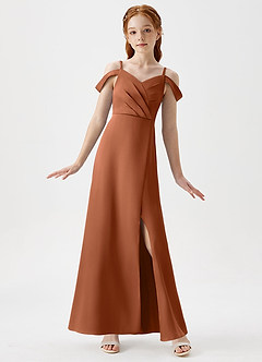 Azazie Ocean Junior Copper A-Line Off the Shoulder Stretch Satin Dress image1
