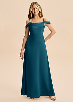 Azazie Lettie Junior Jurk van Stretch Satijn met A-Lijn Off-shoulder Inkt Blauw image4