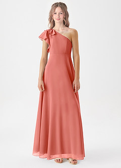 Azazie Arabella Junior Abito A-Line in Chiffon Increspato Salmone Rosa image3