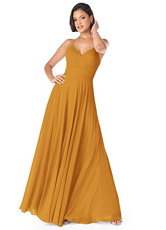 Azazie Avelina Bridesmaid Dresses Butterscotch A-Line V-Neck Pleated Chiffon Dress image1