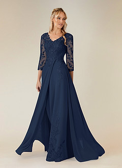 Azazie Noella Mère de la mariée Robes Robe Trapèze en Mousseline de soie Col V Dentelle Bleu Marine Foncé image3
