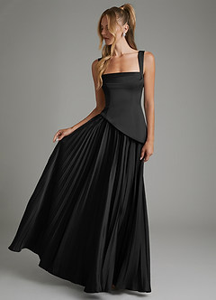 Azazie Stephanie Vestidos de damas de honor Vestido Negro de Satén Elástico de Línea A con Corsé image4