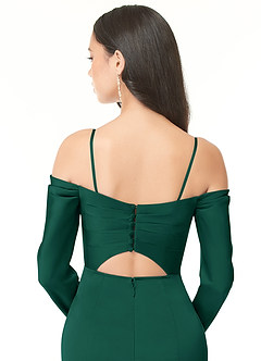 Azazie Hallie Bridesmaid Dresses Emerald Sheath Off-The-Shoulder Long Sleeve Stretch Satin Convertible Dress image8