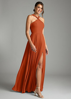 Azazie Afra Abiti da Damigella Abito A-Line in Chiffon Plissettato Arancia Bruciata image3