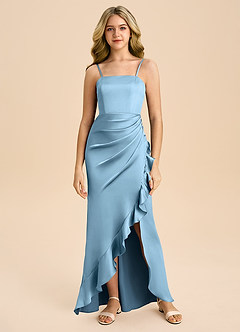 Azazie Buzzy Junior Steel Blue Sheath Pleated Stretch Satin Dress image3