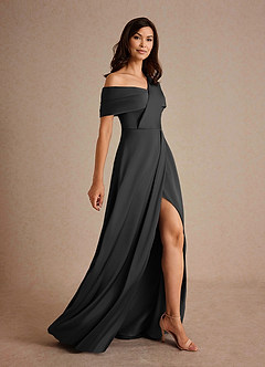 Azazie Milton At-home Try On Dresses Black A-Line Pleated Stretch Satin Dress image2