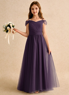 Azazie Yuna Girls Formal vestidos de niña de las flores Vestido de Ciruela de Tul de Corte en A con Vestidos sin tirantes image3