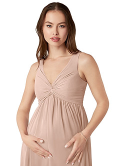 Azazie Yetta Maternity Bridesmaid Dresses A-Line V-Neck Gathered Chiffon Floor-Length Dress image6