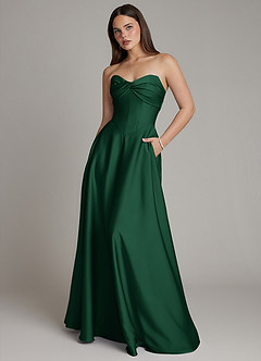 Azazie Meleena At-home Try On Dresses Dark Green A-Line Strapless Stretch Satin Dress image1