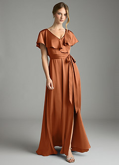 Azazie Lainey Vestidos de damas de honor Vestido de Cobre de Satén Elástico de Corte en A con Con bolsillos image1