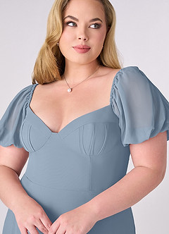Barbie ♥ Azazie Jurken voor bruidsmeisjes Jurk van Chiffon met A-Lijn Geplooid Stoffig Blauw image10