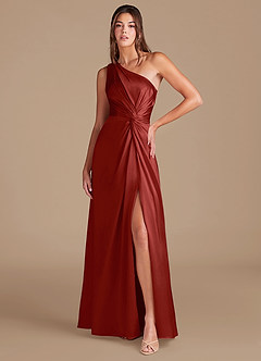 Azazie Brooke Bridesmaid Dresses Rust A-Line One Shoulder Metallic Satin Dress image1