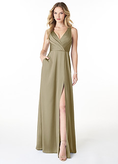 Azazie Nelly Bridesmaid Dresses Moss Green A-Line V-Neck Pleated Stretch Satin Dress image1