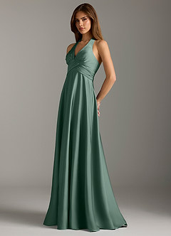 Azazie Tessie Bridesmaid Dresses Eucalyptus A-Line Pleated Stretch Satin Dress image5