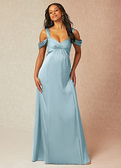 Azazie Rhea Robes de demoiselle d'honneur de maternité Robe Trapèze Épaule nue plissée Longueur ras du sol Satin extensible image4