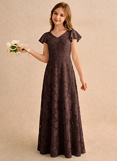 Azazie Narin Girls Formal Blumenmädchenkleider A-Linie mit ärmel Blumen-Burnout Kleid Ganache image1