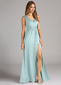 Azazie Tanicia Bridesmaid Dresses Sea Glass A-Line Pleated Stretch Satin Dress image4