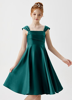 Azazie Amira Junior Peacock A-Line Pleated Stretch Satin Dress image3