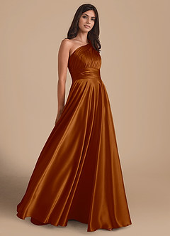Azazie Charlize Bridesmaid Dresses Copper A-Line One Shoulder Metallic Satin Dress image4