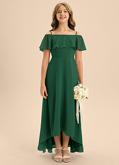 Azazie Maggie Junior A-Linie Schulterfrei Chiffon Kleid Dunkelgrün image1