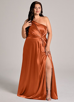 Azazie Brooke Bridesmaid Dresses Burnt Orange A-Line One Shoulder Metallic Satin Dress image12
