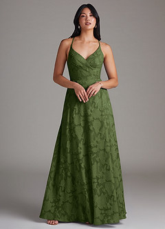 Azazie Davis Abiti da Damigella Abito A-Line in Burnout Floreale Plissettato Oliva image3