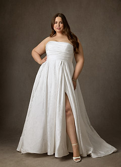 Azazie Daliah Wedding Dresses Diamond White A-Line Strapless Floral Jacquard Dress image15