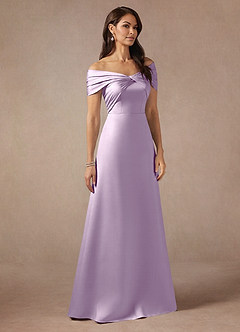 Azazie Amelia Moeder van de bruid jurken A-Lijn Jurk van Stretch Satijn Off the Shoulder Frosted Lila image4