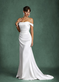 Azazie Darlene Wedding Dresses Diamond White Mermaid Off the Shoulder Metallic Satin Dress image6