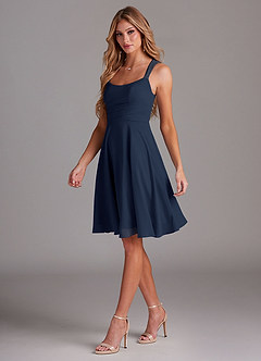 Azazie Vina Bridesmaid Dresses Dark Navy A-Line Lace Chiffon Dress image4