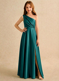 Azazie Puddles Girls Formal Abiti da Ragazza di Fiori Abito A-Line in Raso Elasticizzato Monospalla Verde Pavone image1
