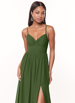 Azazie Zeya Bridesmaid Dresses Olive A-Line V-Neck Pleated Chiffon Dress image5