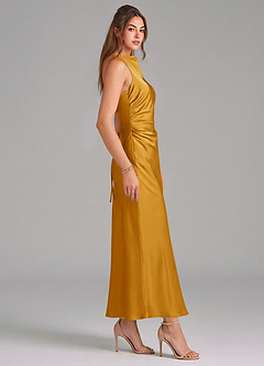 Azazie Evadne Vestidos de damas de honor Vestido de Caramelo de Satén Elástico de Corte Recto con Plisado image4