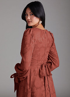 Azazie Leonia Bridesmaid Dresses Terracotta A-Line Long Sleeve Floral Burnout Dress image5
