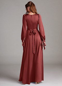 Azazie Leonia Bridesmaid Dresses Terracotta A-Line Long Sleeve Stretch Satin Dress image2