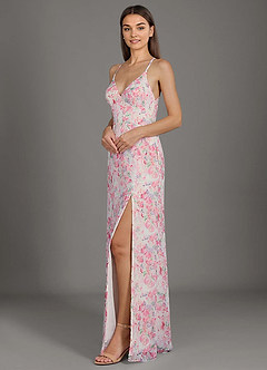 Azazie Becca Bridesmaid Dresses Abstract Watercolor Floral Sheath V-Neck Chiffon Dress image3