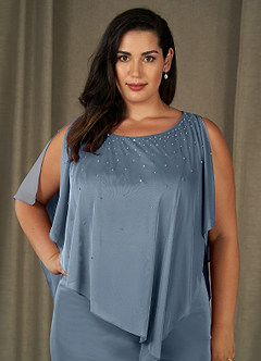 Azazie Aspyn Mère de la mariée Robes Robe Fourreau en Maille Perlé Bleu Poussiéreux image5