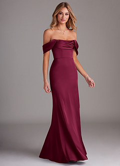 Azazie Saige Bridesmaid Dresses Burgundy Sheath Off the Shoulder Stretch Satin Dress image6