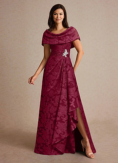 Azazie Branford vestidos de madre de la novia Vestido de Borgoña de Devorado Floral de Corte En A con Plisado image4