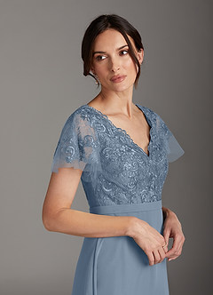 Azazie Singer Mother of the Bride Dresses Dusty Blue A-Line V-Neck Lace Chiffon Dress image5