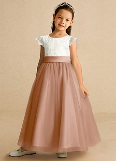 Azazie Pookie Flower Girl Dresses Champagne Rose A-Line Lace Tulle Dress image1