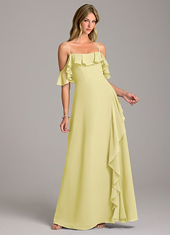 Azazie Aubrie Bridesmaid Dresses Lemon Sorbet A-Line Off the Shoulder Chiffon Dress image1