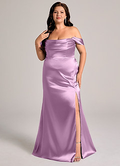 Azazie Saige Bridesmaid Dresses Wisteria Sheath Off the Shoulder Metallic Satin Convertible Dress image11