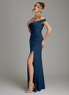 Azazie Teyana Bridesmaid Dresses Dark Navy Sheath Off the Shoulder Stretch Satin Dress image6