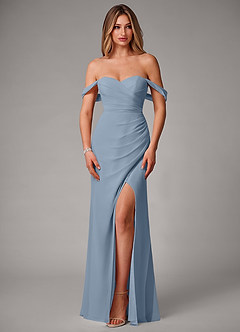 Azazie Haisley Jurken voor bruidsmeisjes Converteerbaar Jurk van Chiffon met Kolom Off the Shoulder Stoffig Blauw image4