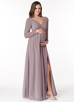 Azazie Teton Robes de demoiselle d'honneur de maternité Robe Trapèze Manche longue Longueur ras du sol Mousseline de soie image4