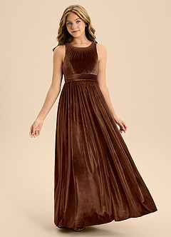 Azazie Jaylah Junior A-Linie Plissee Samt Kleid Umber image6