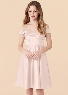 Azazie Amira Junior Blushing Pink A-Line Pleated Stretch Satin Dress image4