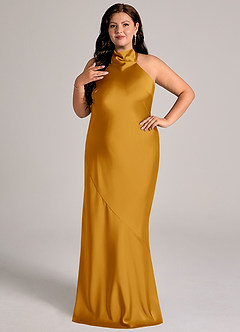 Azazie Velli Abiti da Damigella Abito Sirena in Raso Elasticizzato Collo Alto Caramello image10