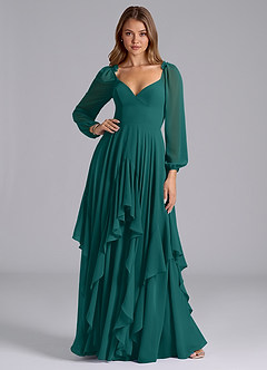 Azazie Karan Bridesmaid Dresses Peacock A-Line Long Sleeve Chiffon Dress image3